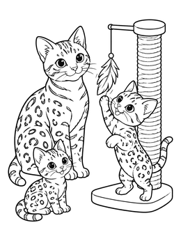 Free printable Bengal Cat Family With Scratching Post coloring page