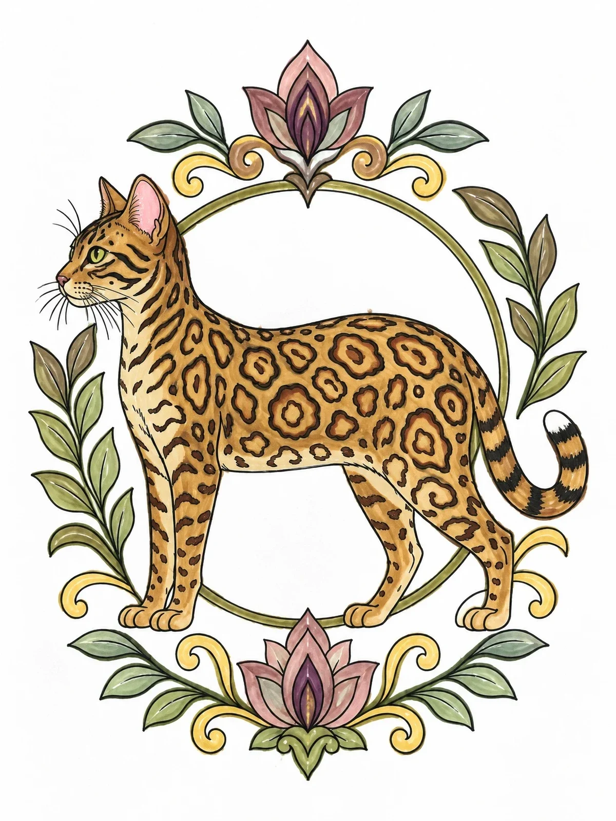 Colored example of the Bengal Cat In Floral Frame coloring page