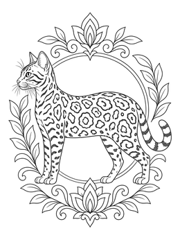 Detailed bengal cat coloring page framed with elegant leaves and flowers.