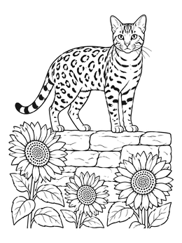 A spotted feline on a stone wall in this detailed bengal cat coloring page with sunflowers.