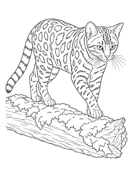 Realistic bengal cat coloring page walking along a mossy log.
