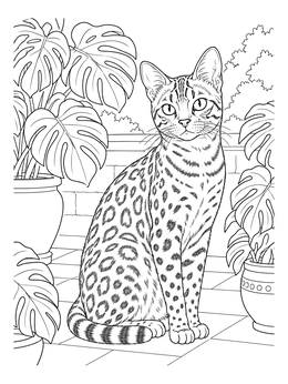 An alert spotted feline sits among lush potted plants in this bengal cat coloring page.