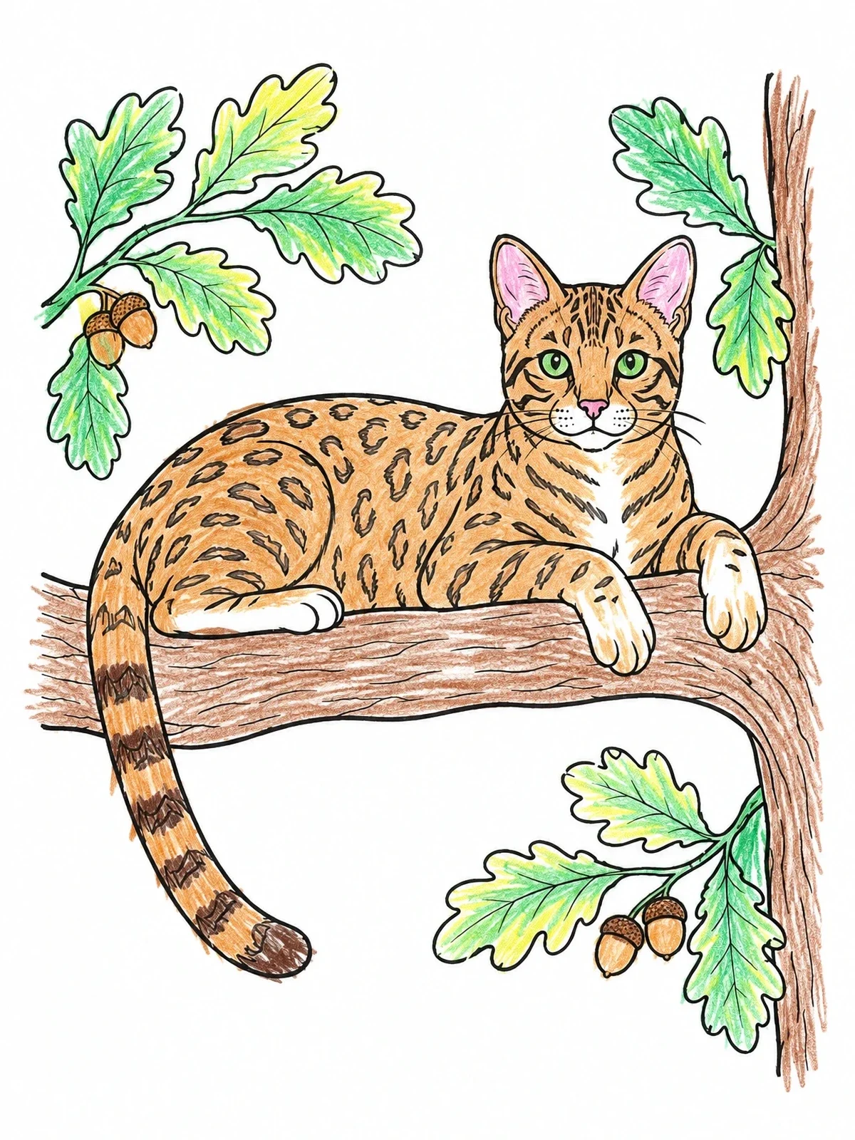 Colored example of the Bengal Cat Resting In Oak Tree coloring page