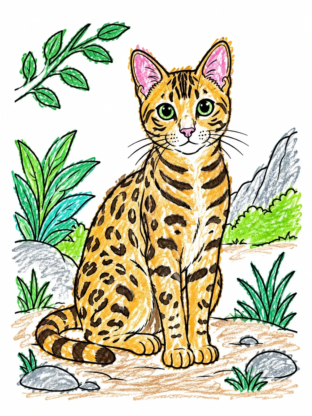 Colored example of the Bengal Cat Sitting In Nature coloring page