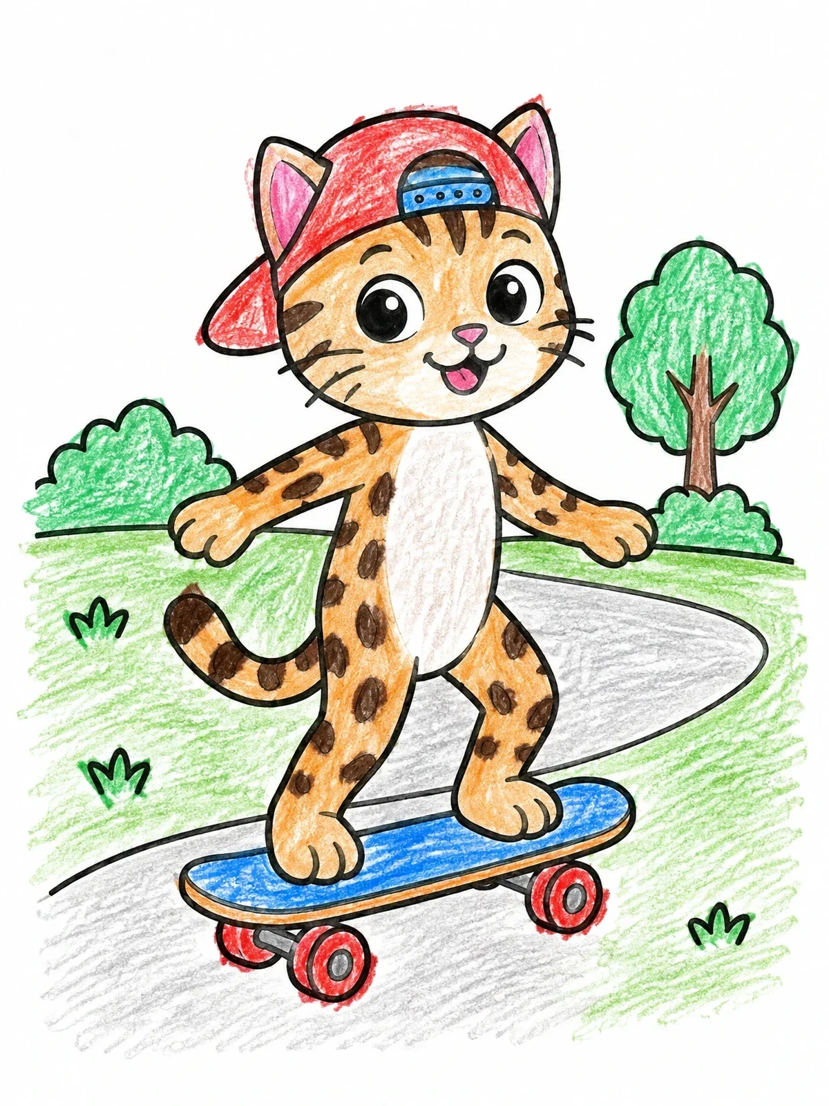Colored example of the Bengal Cat Riding A Skateboard coloring page