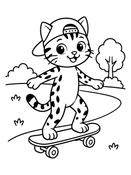 Free printable Bengal Cat Riding A Skateboard coloring page