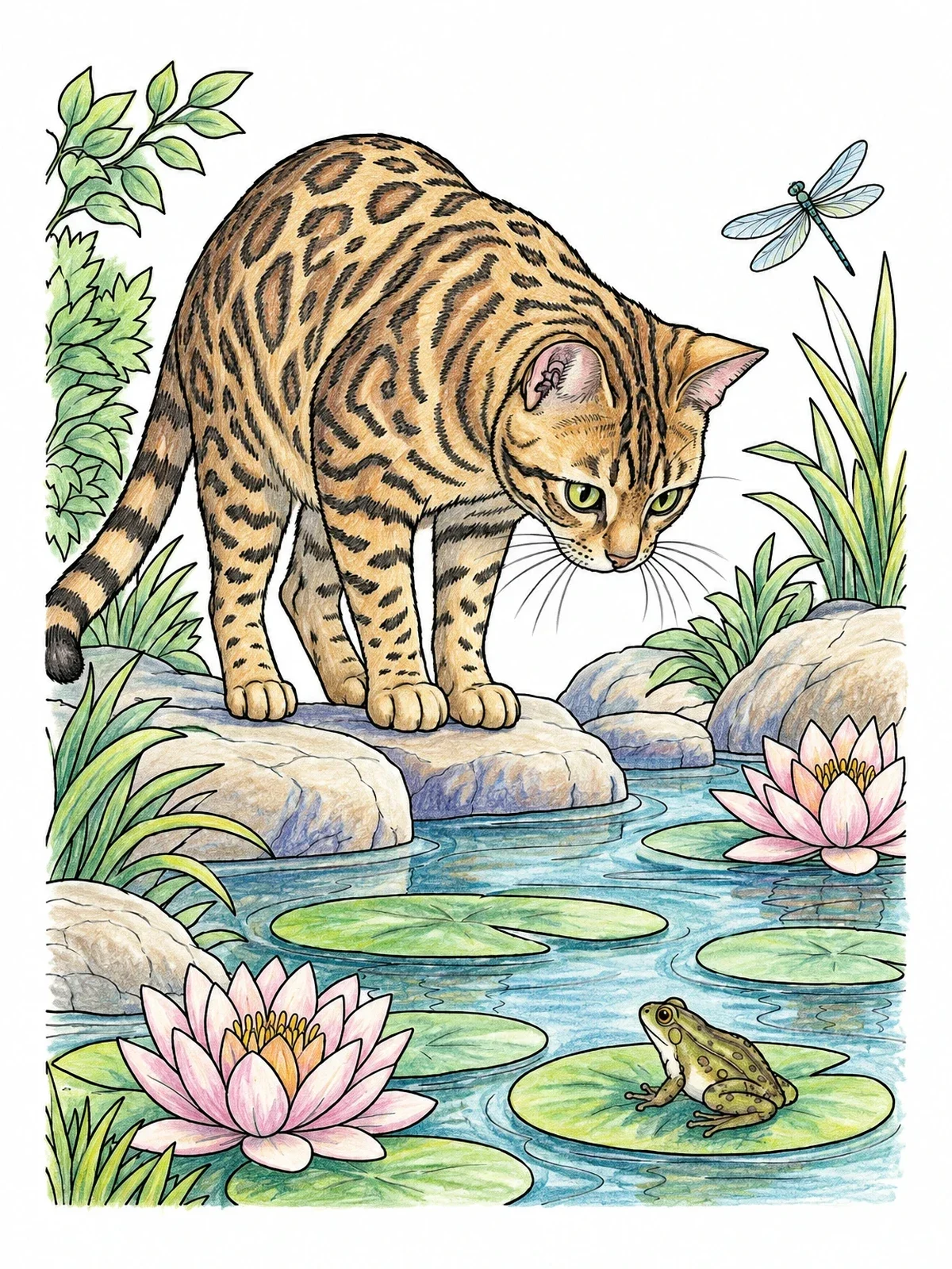 Colored example of the Bengal Cat Watching Pond Frog coloring page