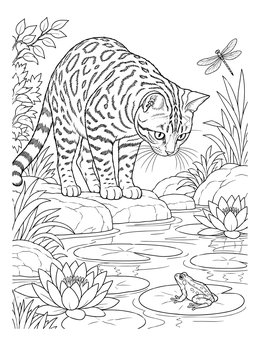 A curious feline in this bengal cat coloring page gazes at a frog sitting on a pond lily pad.