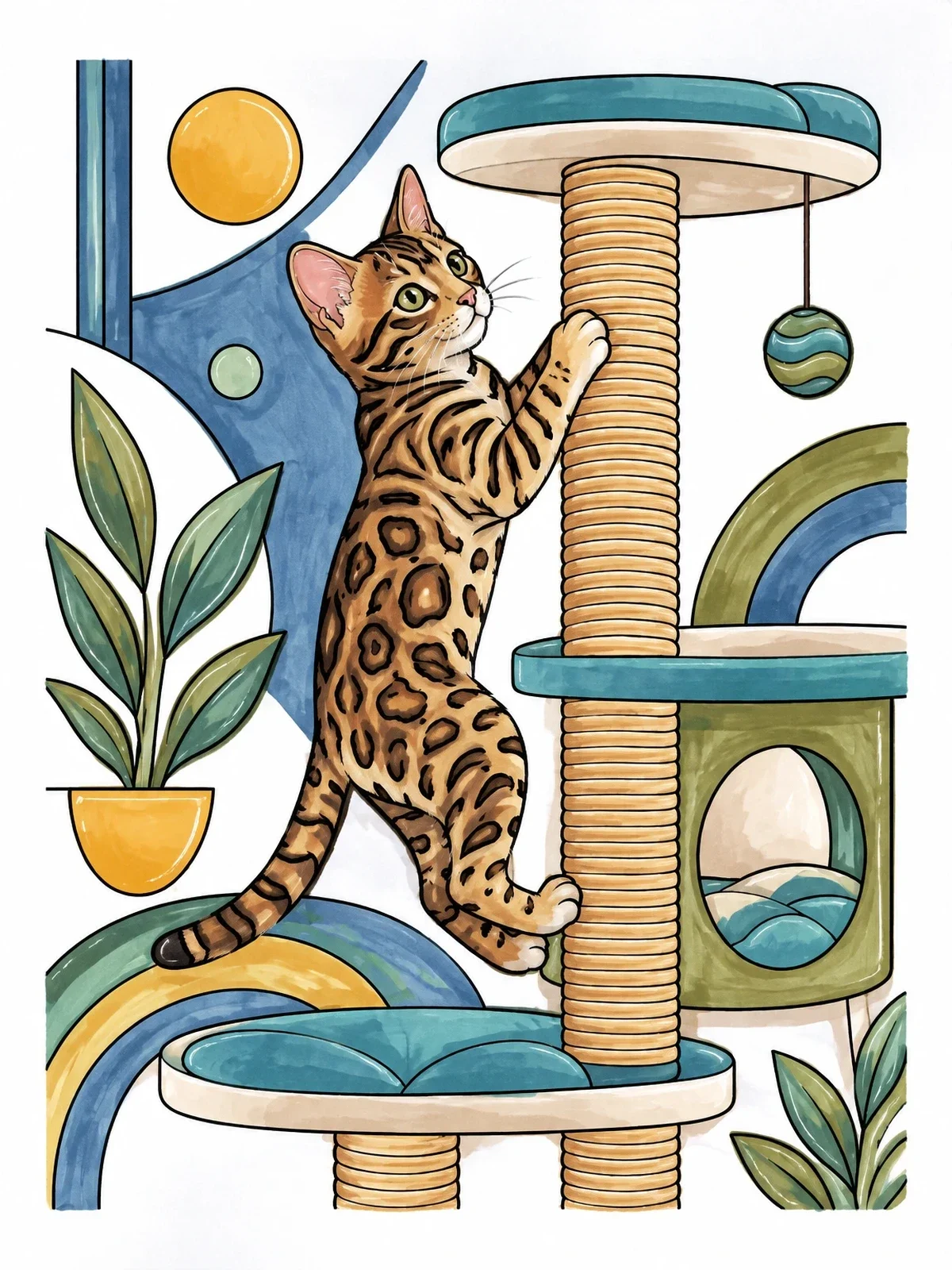 Colored example of the Bengal Kitten On Scratching Post coloring page