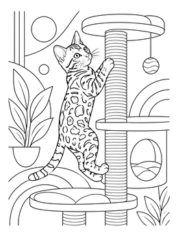 A playful bengal cat coloring page showing a spotted kitten climbing a tall cat tree.