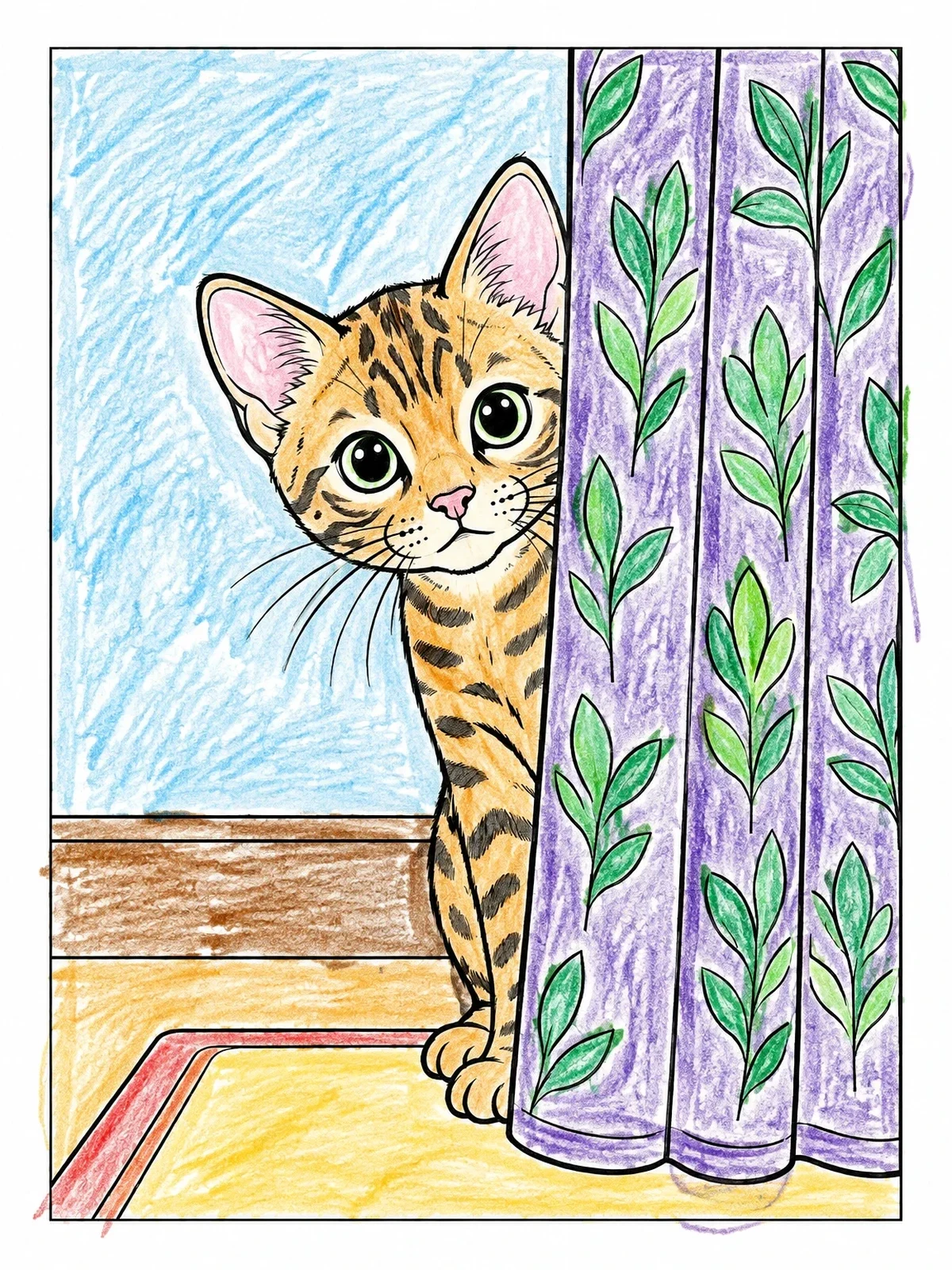 Colored example of the Bengal Kitten Peeking Behind Curtain coloring page