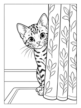 Free printable Bengal Kitten Peeking Behind Curtain coloring page