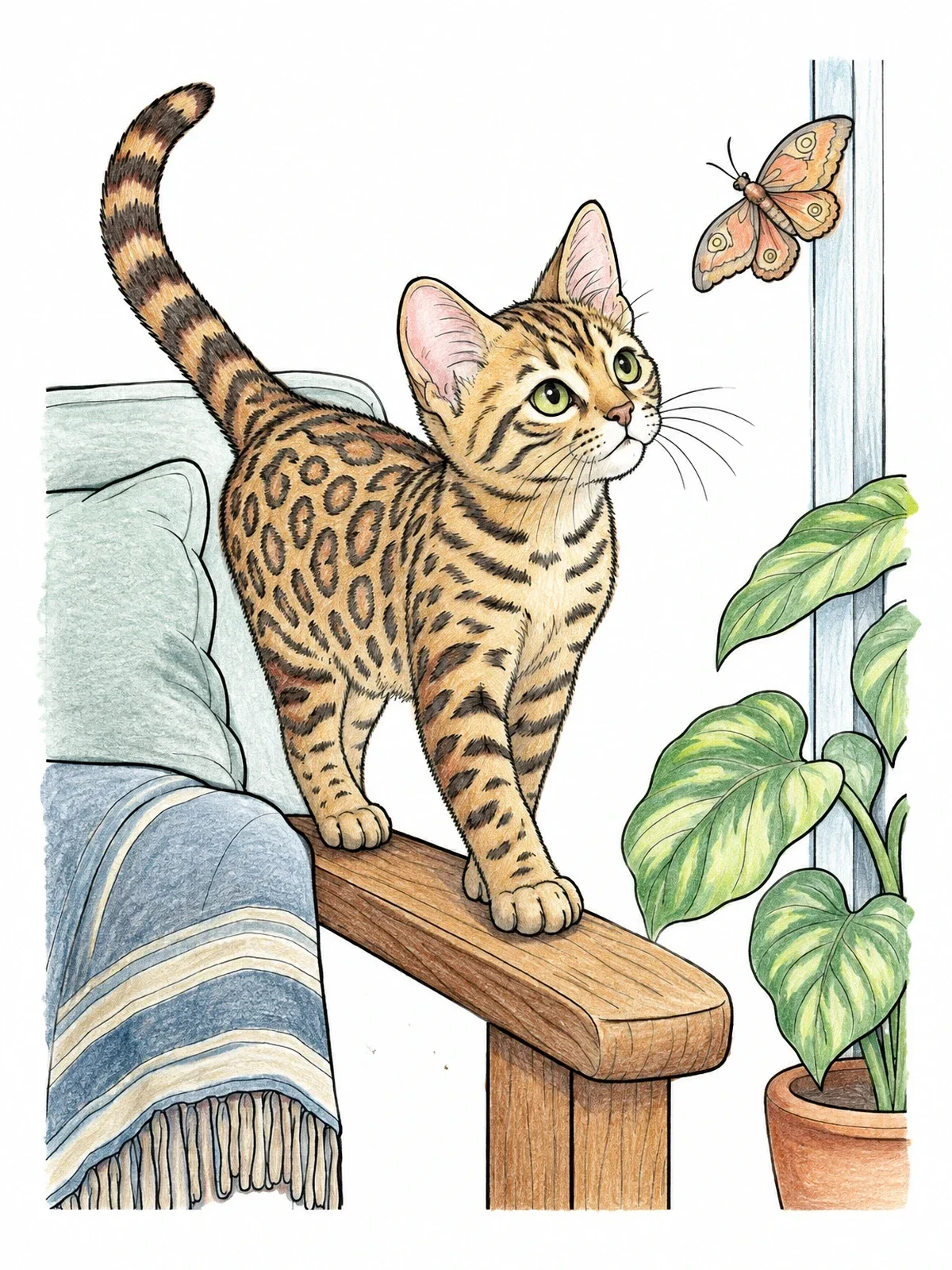 Colored example of the Bengal Kitten Watching A Butterfly coloring page