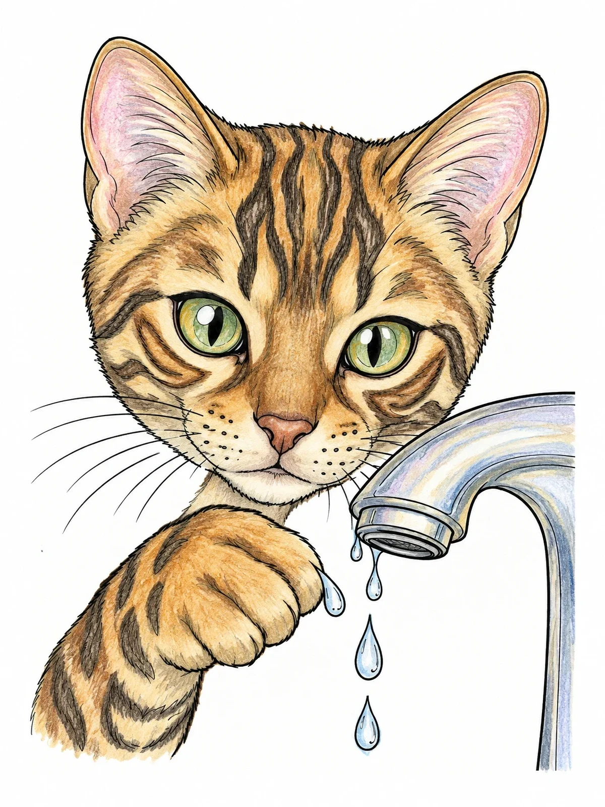 Colored example of the Bengal Kitten At The Water Faucet coloring page