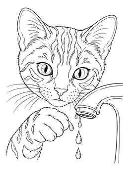 A curious kitten touches dripping water in this bengal cat coloring page.