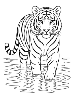 A detailed tiger coloring page of a wild tiger wading forward through shallow rippling water.