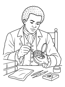 A detailed benjamin banneker coloring page showing him examining the gears of an open pocket watch at his desk.