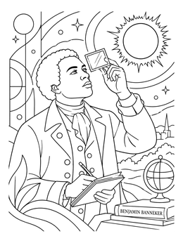 An inspiring Benjamin Banneker coloring page showing the astronomer studying a solar eclipse with a filter and notebook.