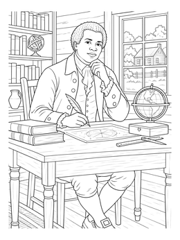 A detailed benjamin banneker coloring page showing the astronomer at his desk with books, a globe, and a quill pen.