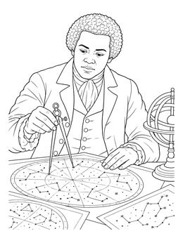 Detailed Benjamin Banneker coloring page showing him measuring celestial star charts with a divider compass.