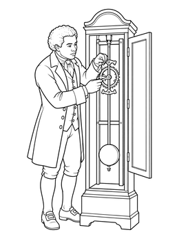 Benjamin Banneker coloring page showing the mathematician adjusting the pendulum gears of a wooden grandfather clock.