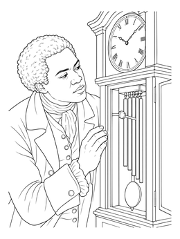 A detailed benjamin banneker coloring page showing the inventor examining a tall wooden striking clock.