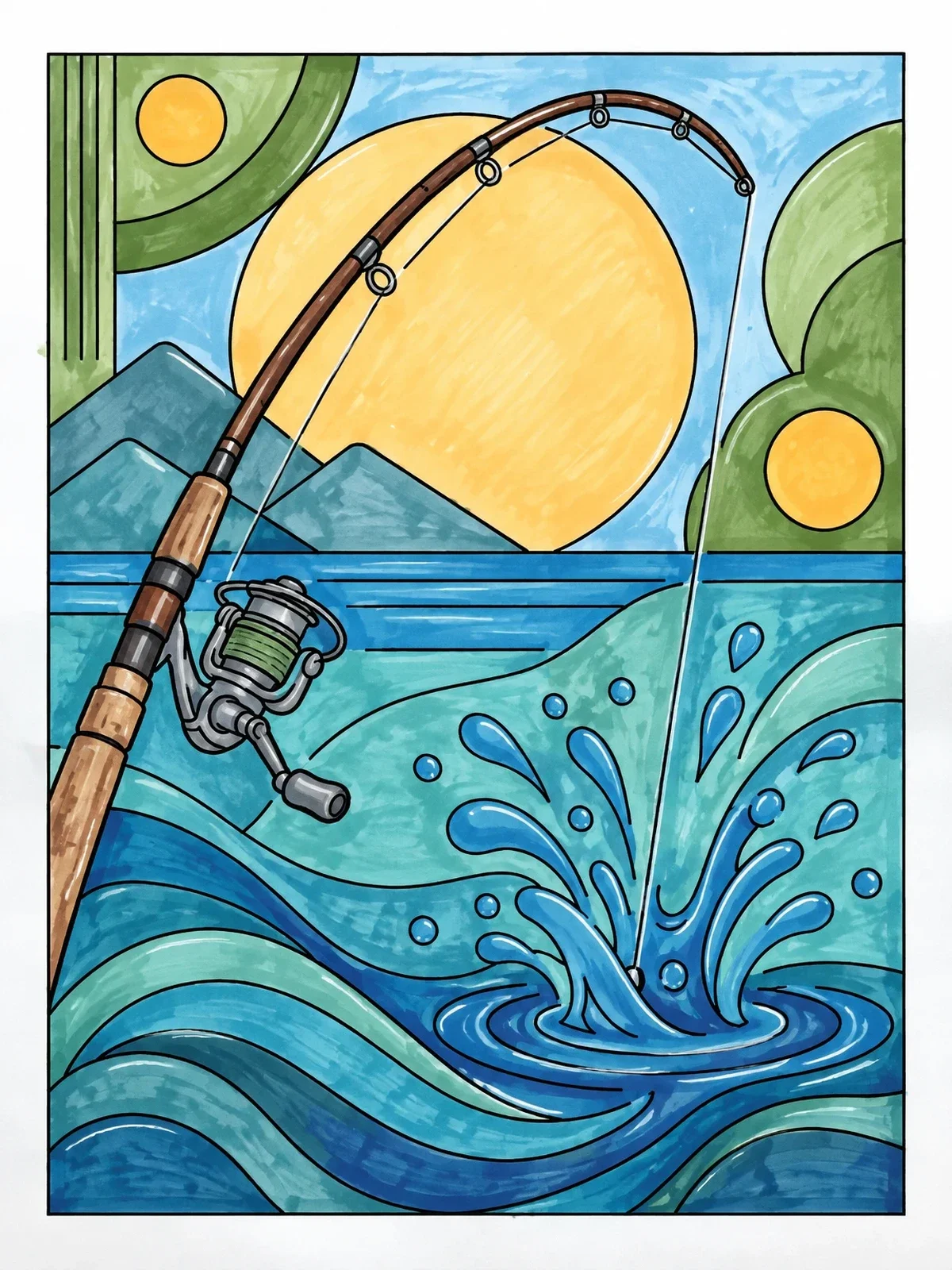 Colored example of the Bent Fishing Rod And Water Splash coloring page