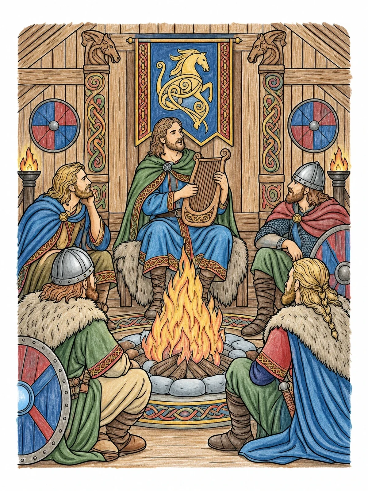 Colored example of the Anglo Saxon Bard By The Hearth coloring page