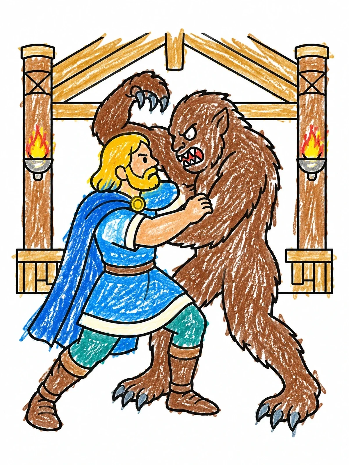 Colored example of the Beowulf Battling Grendel In Heorot coloring page
