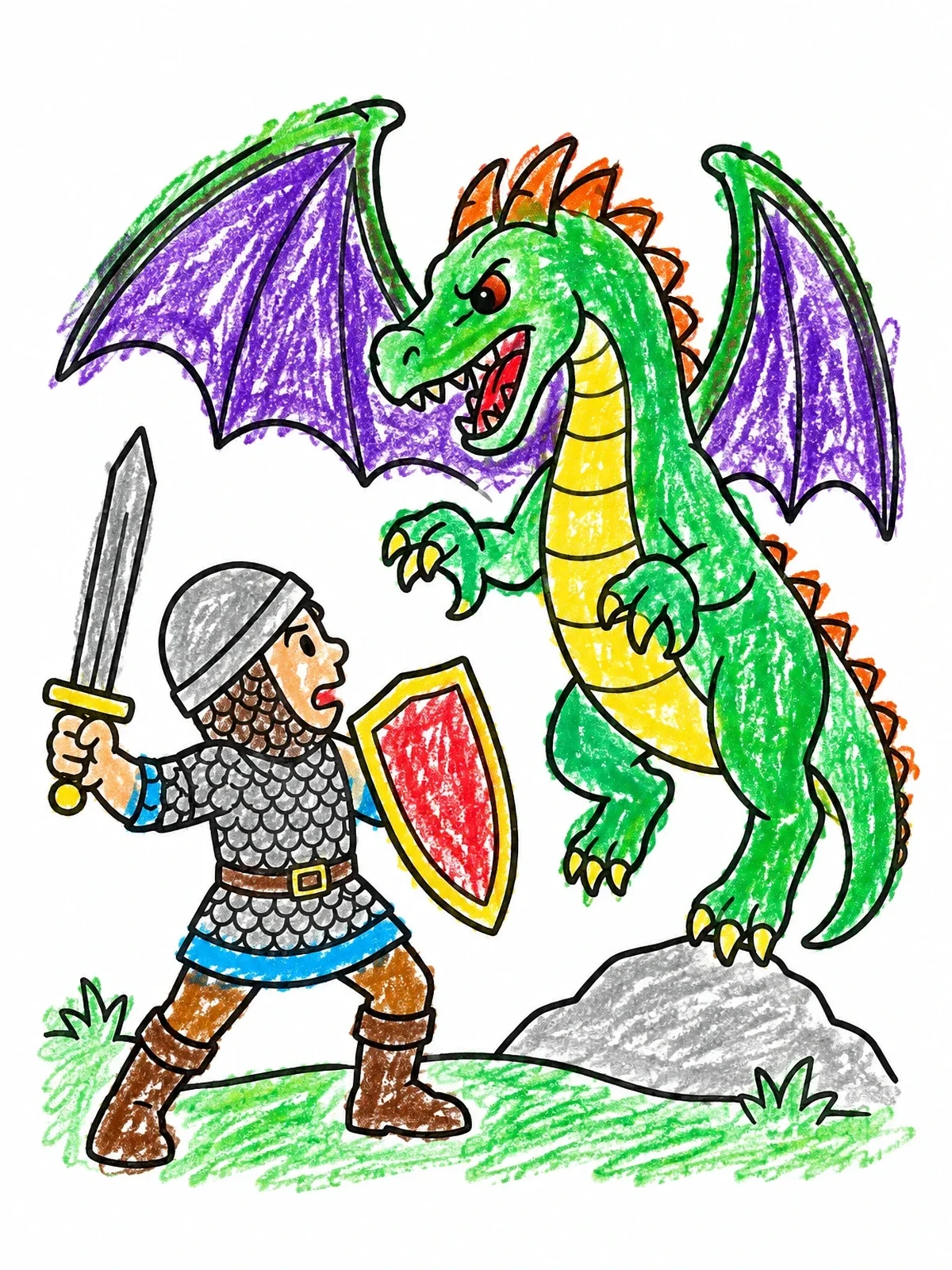 Colored example of the Brave Warrior Facing A Dragon coloring page