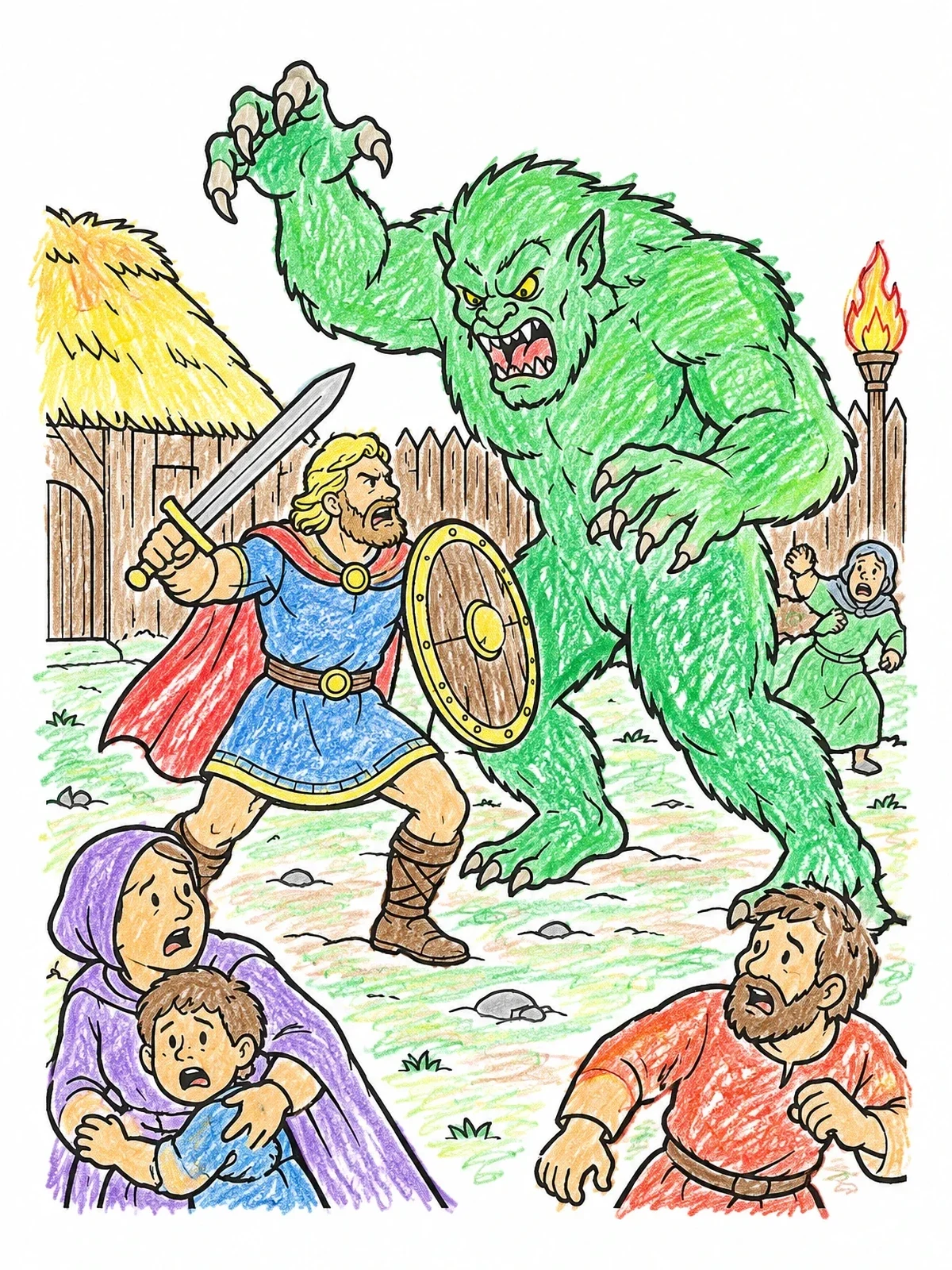 Colored example of the Beowulf Defending The Village Against Grendel coloring page