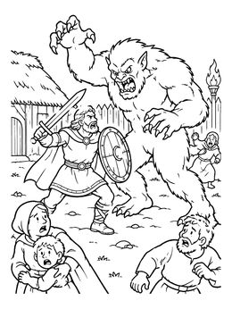 Free printable Beowulf Defending The Village Against Grendel coloring page