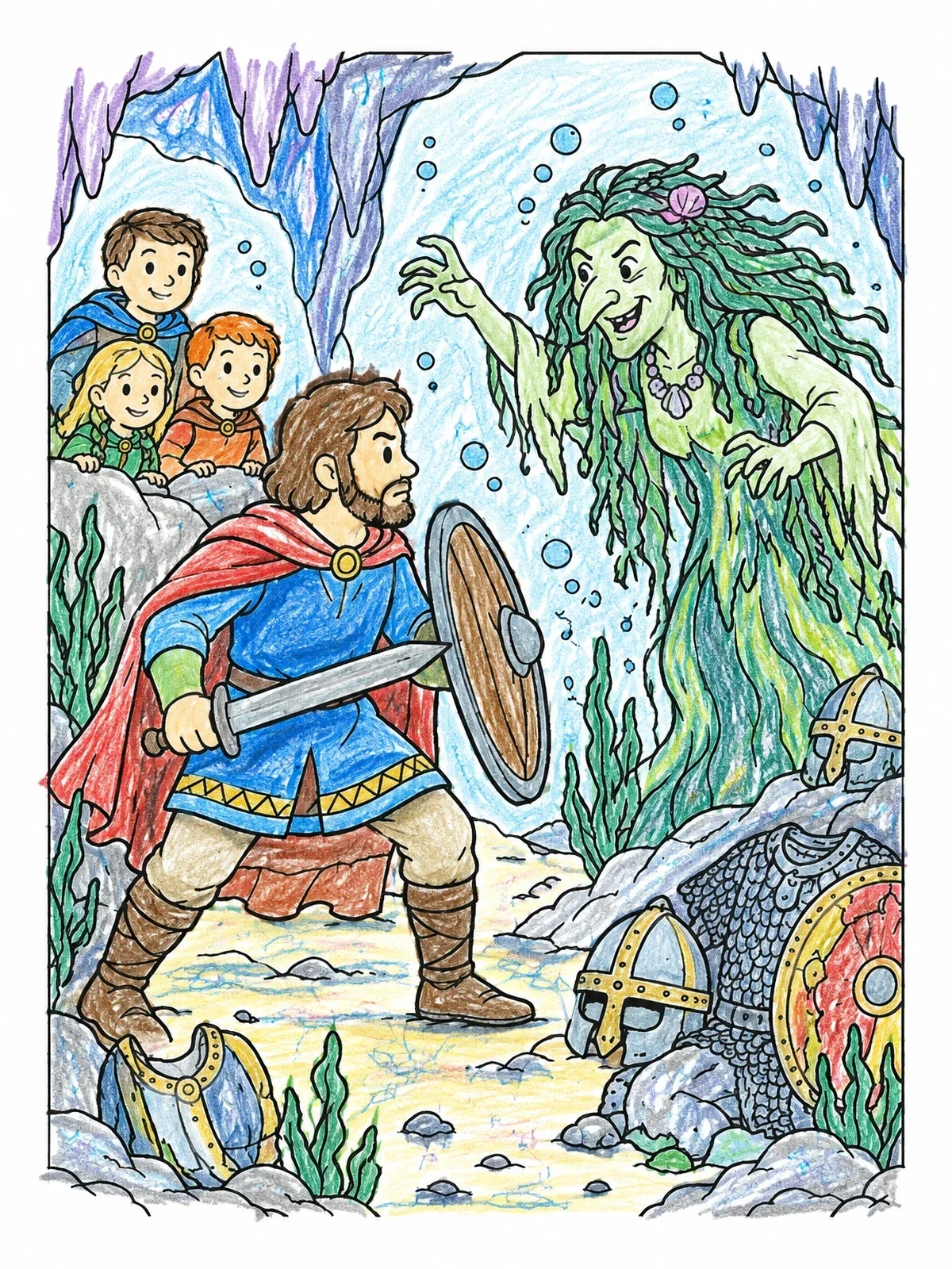 Colored example of the Beowulf Facing The Swamp Hag coloring page