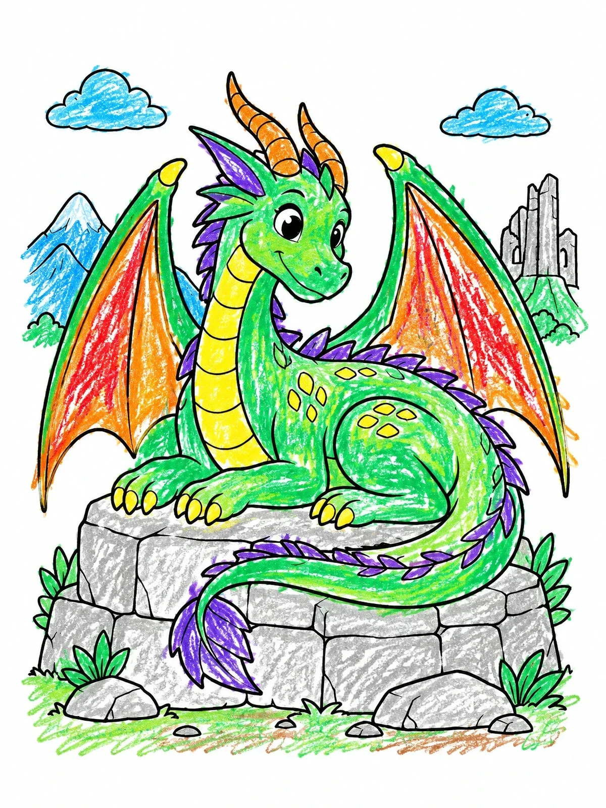 Colored example of the Friendly Dragon On Ancient Stones coloring page