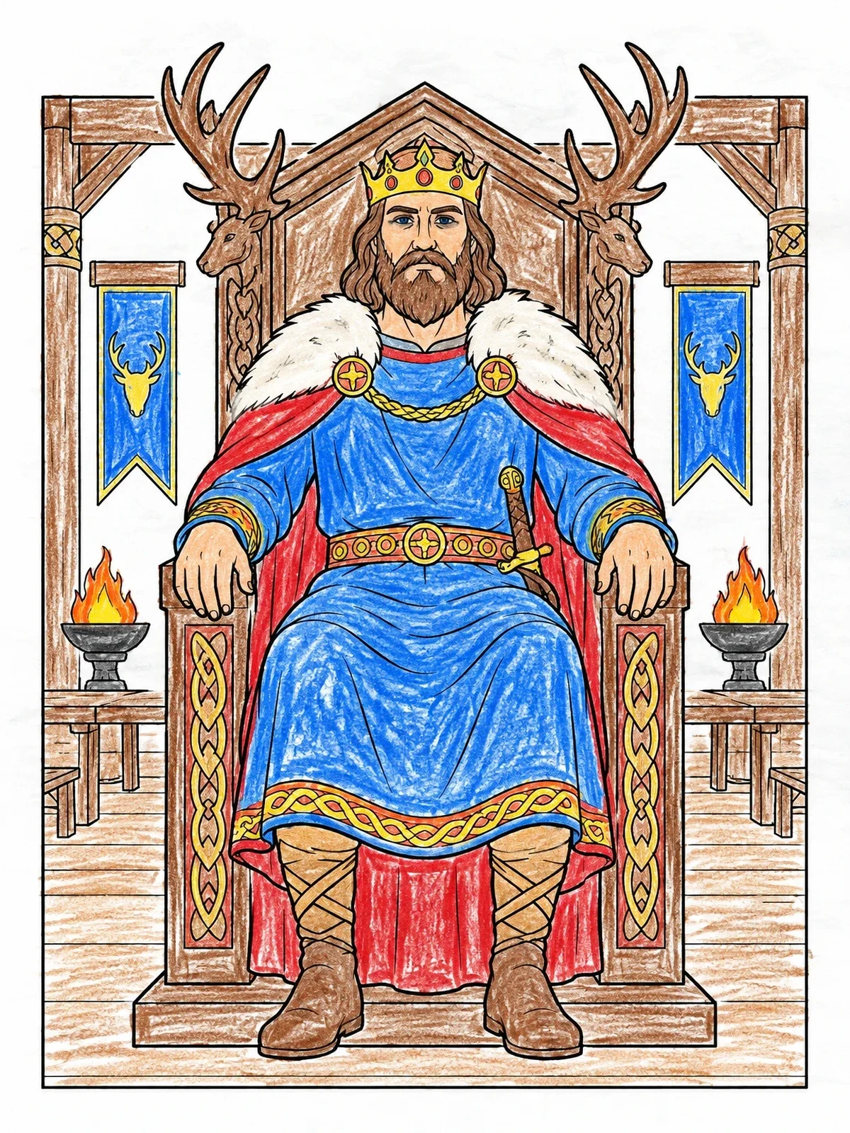 Colored example of the King Hrothgar On His Carved Throne coloring page