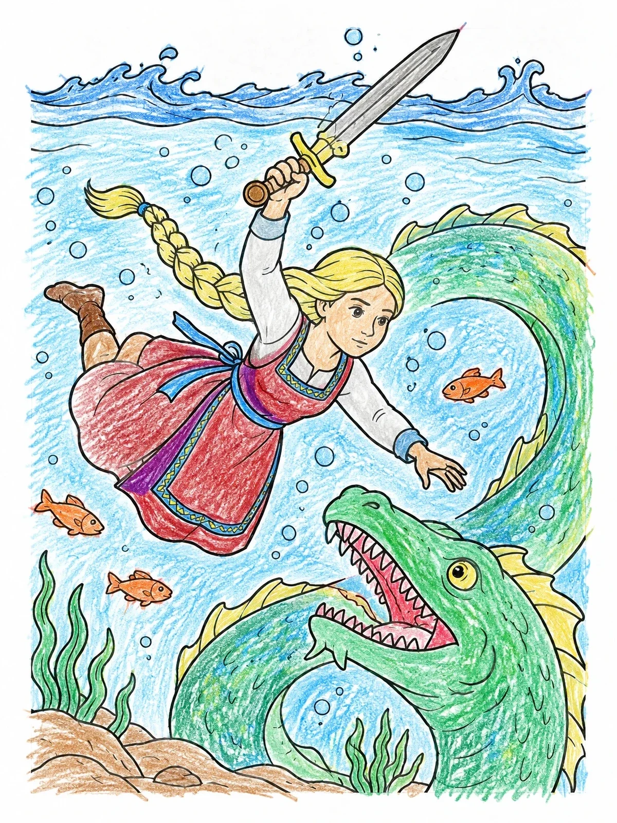 Colored example of the Underwater Hero Fighting The Sea Monster coloring page
