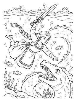 Free printable Underwater Hero Fighting The Sea Monster coloring page
