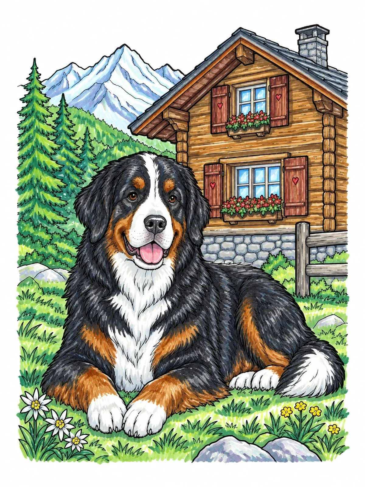 Colored example of the Bernese Mountain Dog By Alpine Chalet coloring page