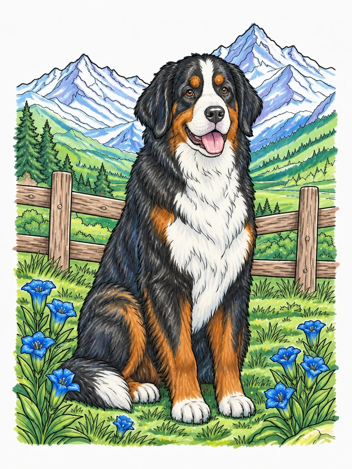 Colored example of the Bernese Mountain Dog In Alpine Meadow coloring page