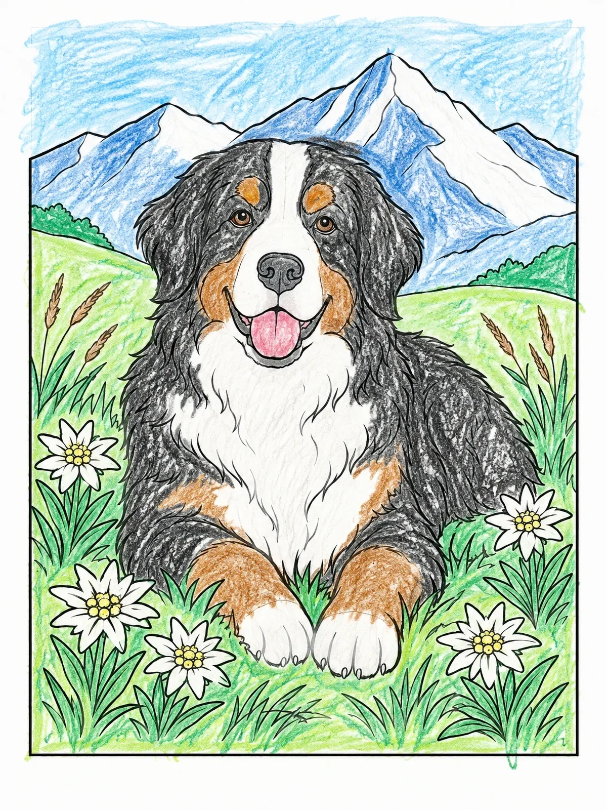 Colored example of the Bernese Mountain Dog In Alpine Meadow coloring page
