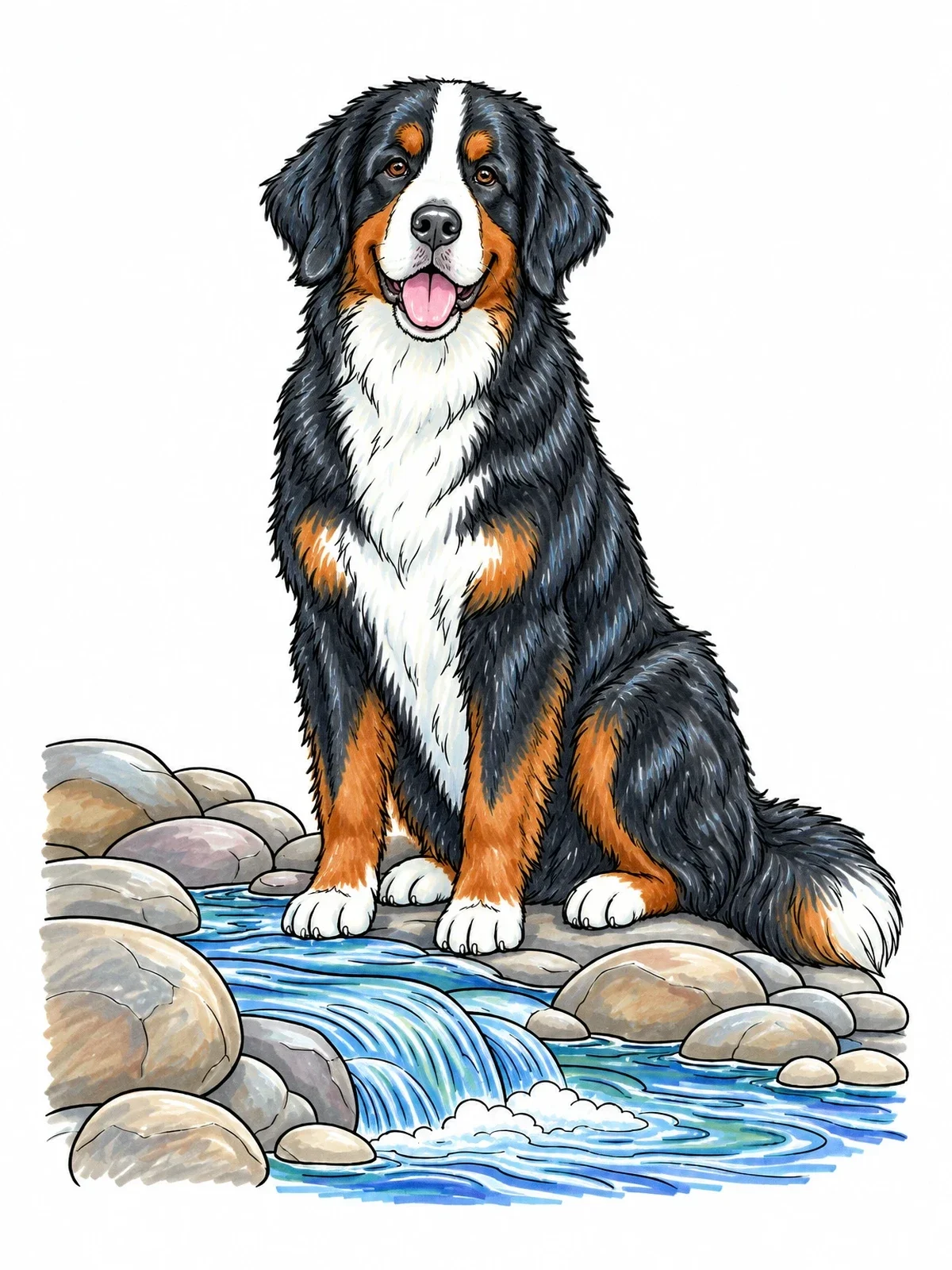 Colored example of the Bernese Mountain Dog By The Brook coloring page