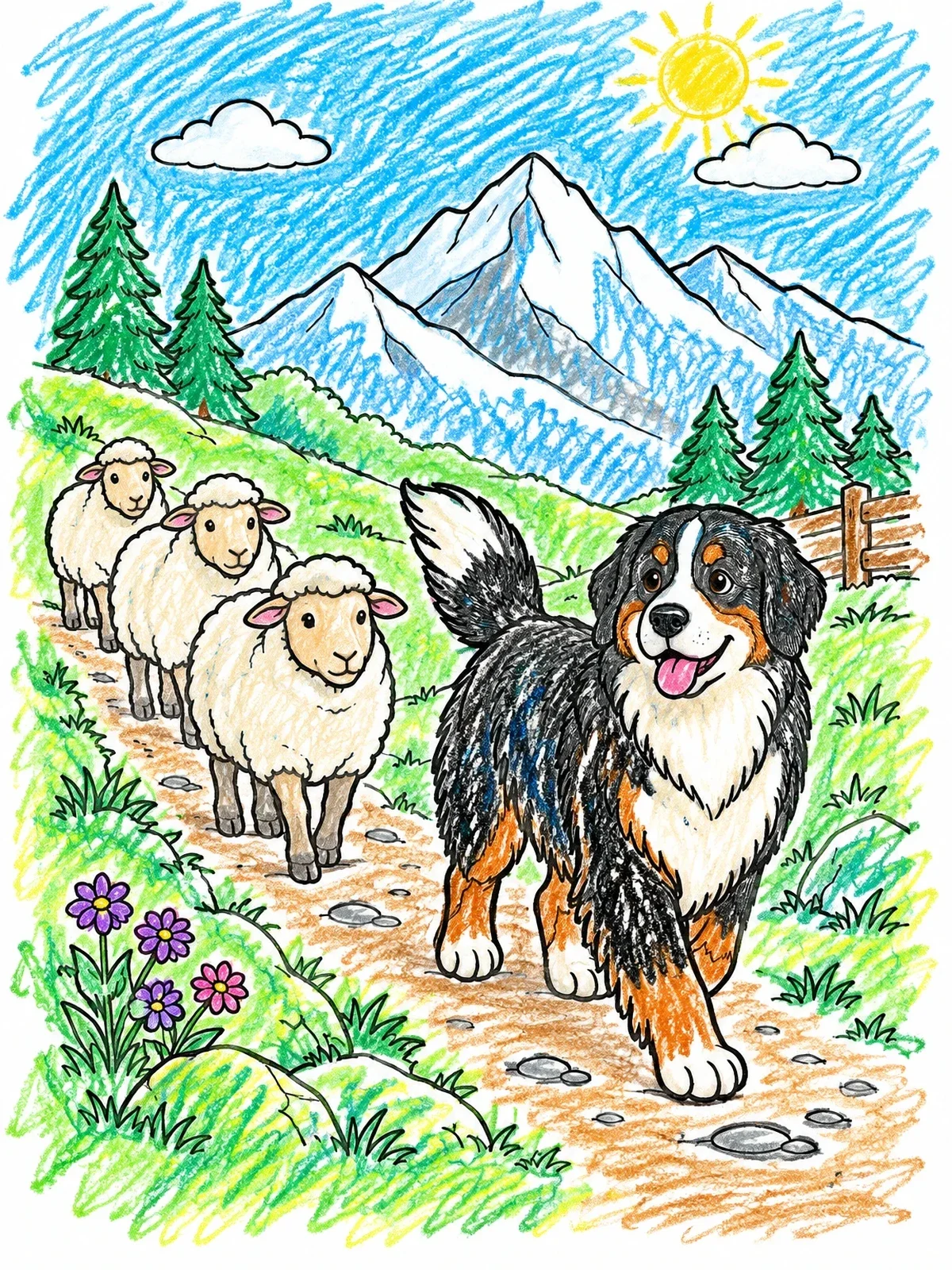 Colored example of the Bernese Mountain Dog Guiding Sheep coloring page