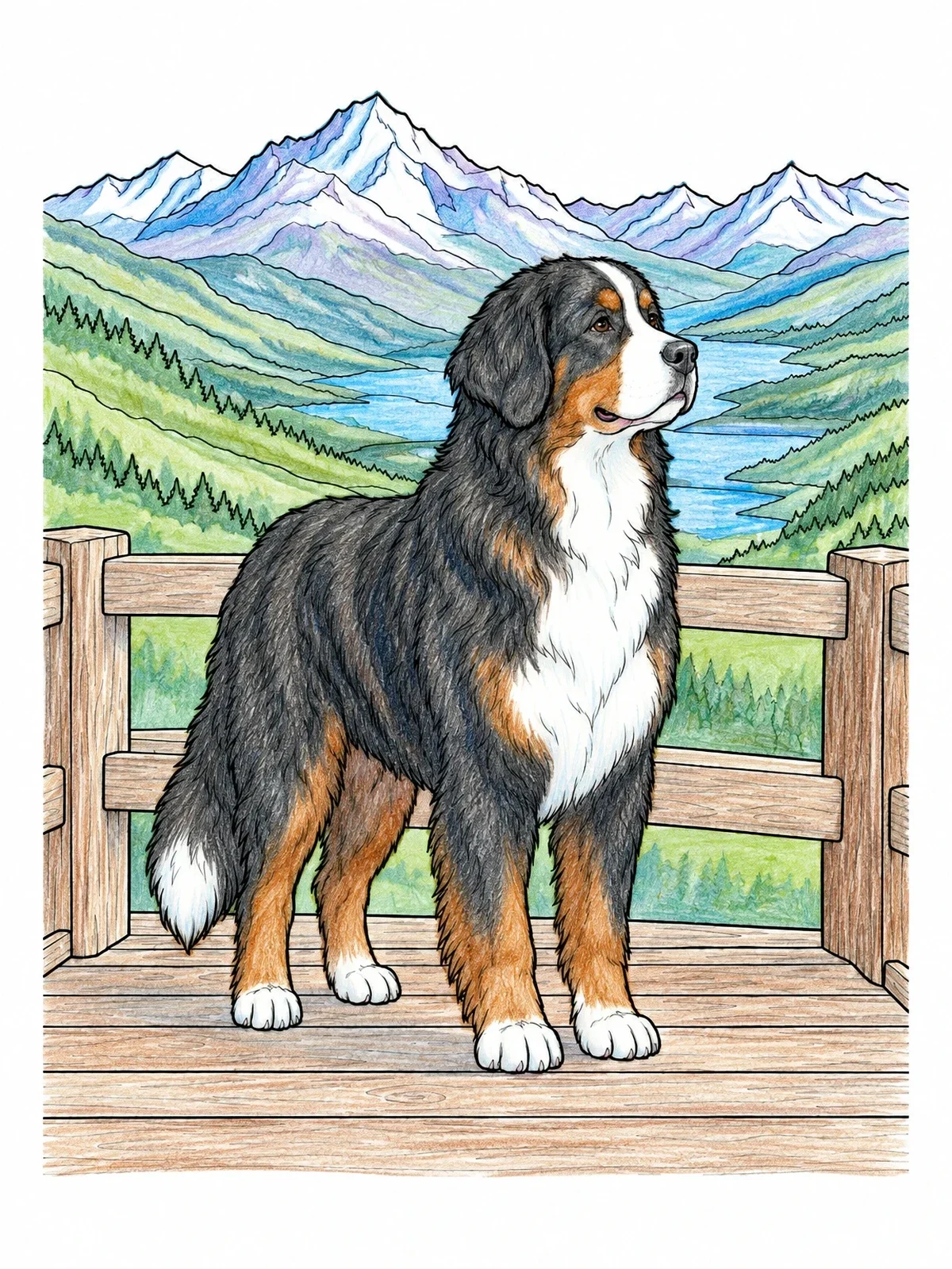 Colored example of the Bernese Mountain Dog On Lookout coloring page