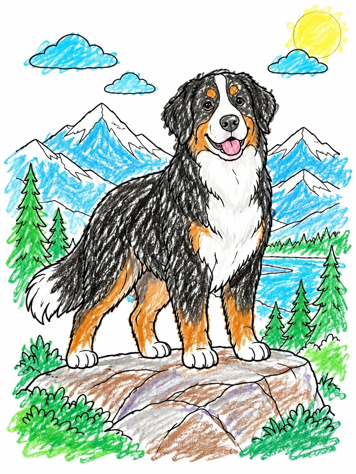 Colored example of the Bernese Mountain Dog On Mountain Peak coloring page
