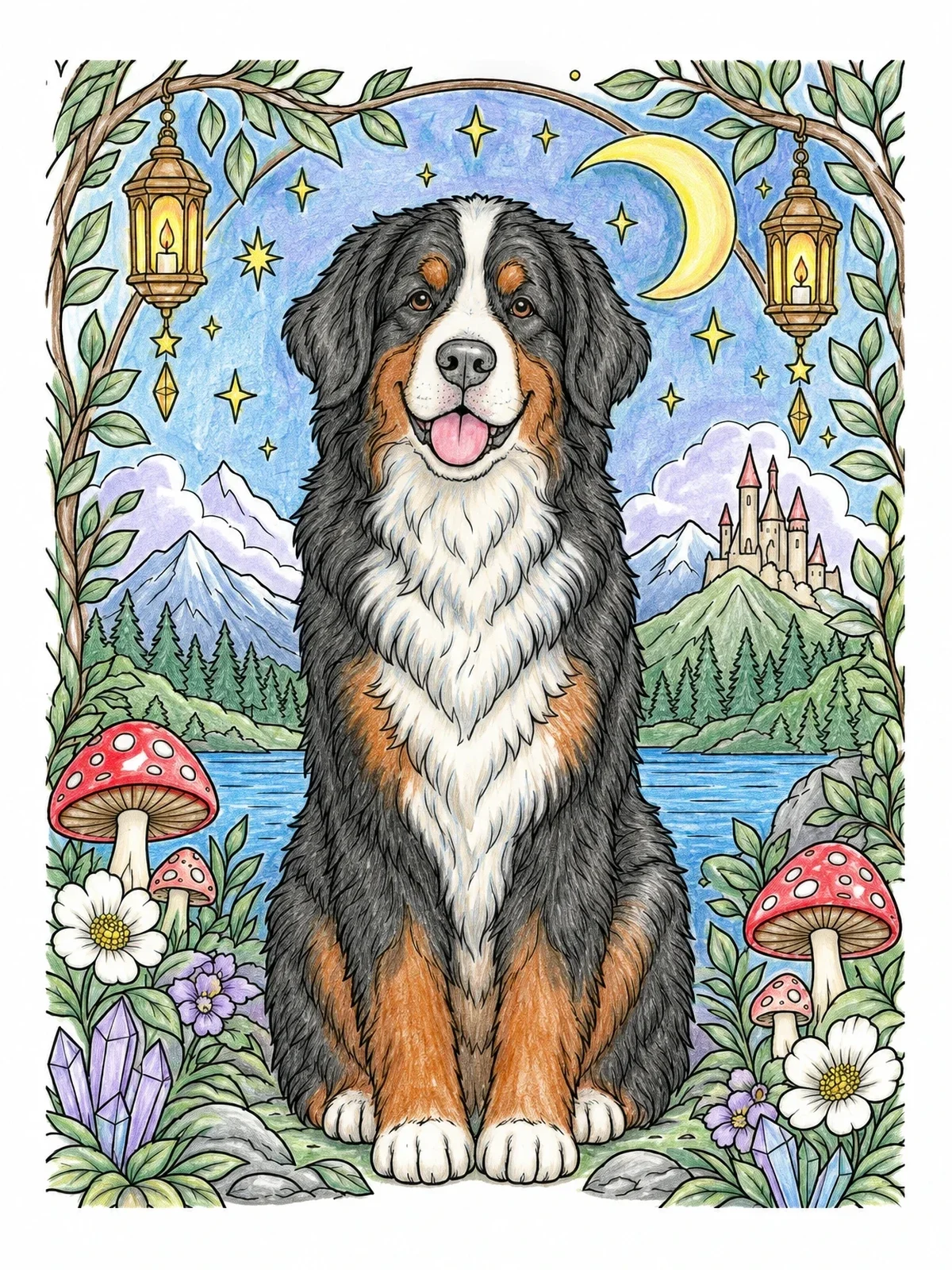 Colored example of the Bernese Mountain Dog Night Landscape coloring page