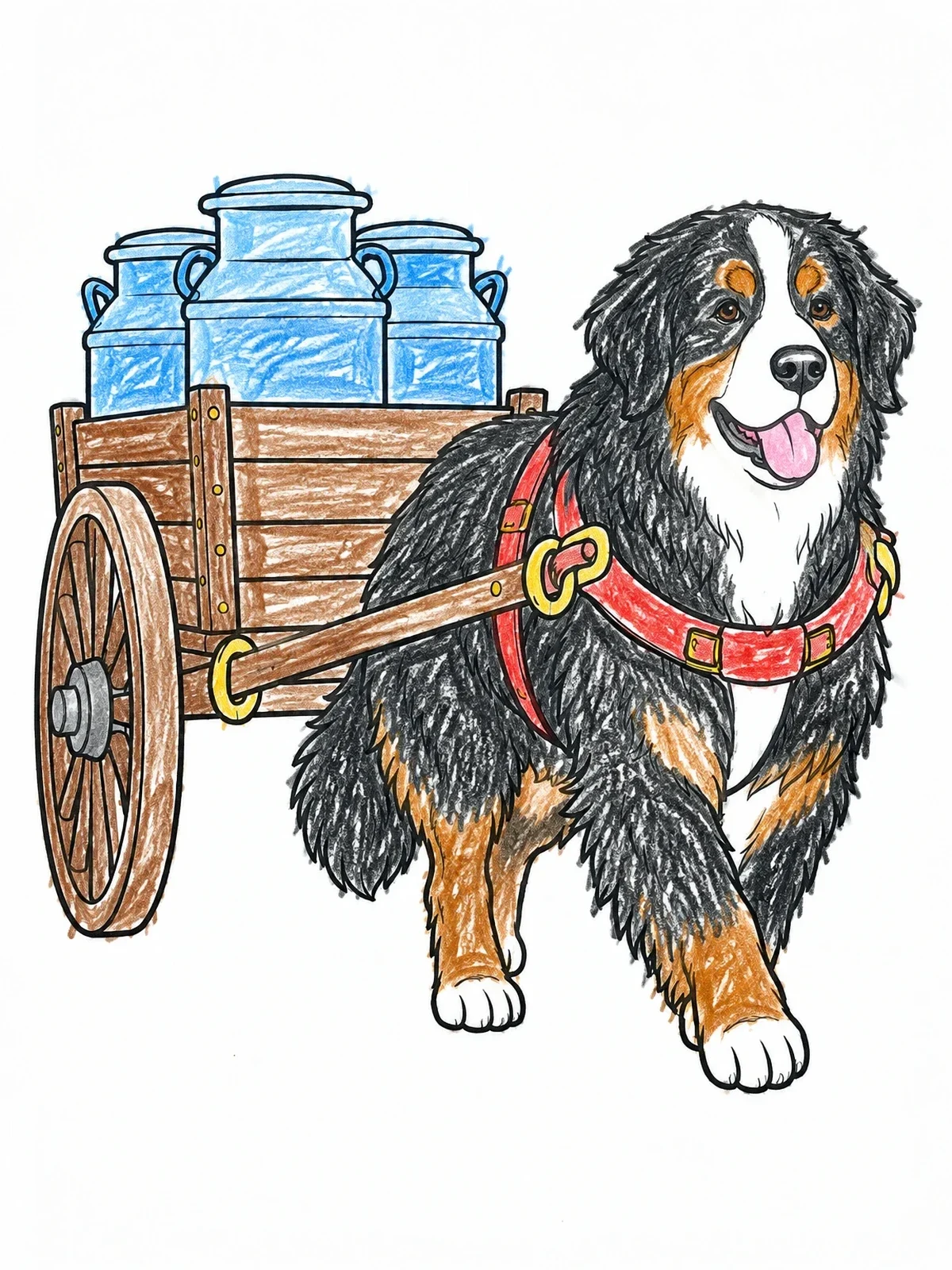 Colored example of the Bernese Mountain Dog Pulling Milk Cart coloring page