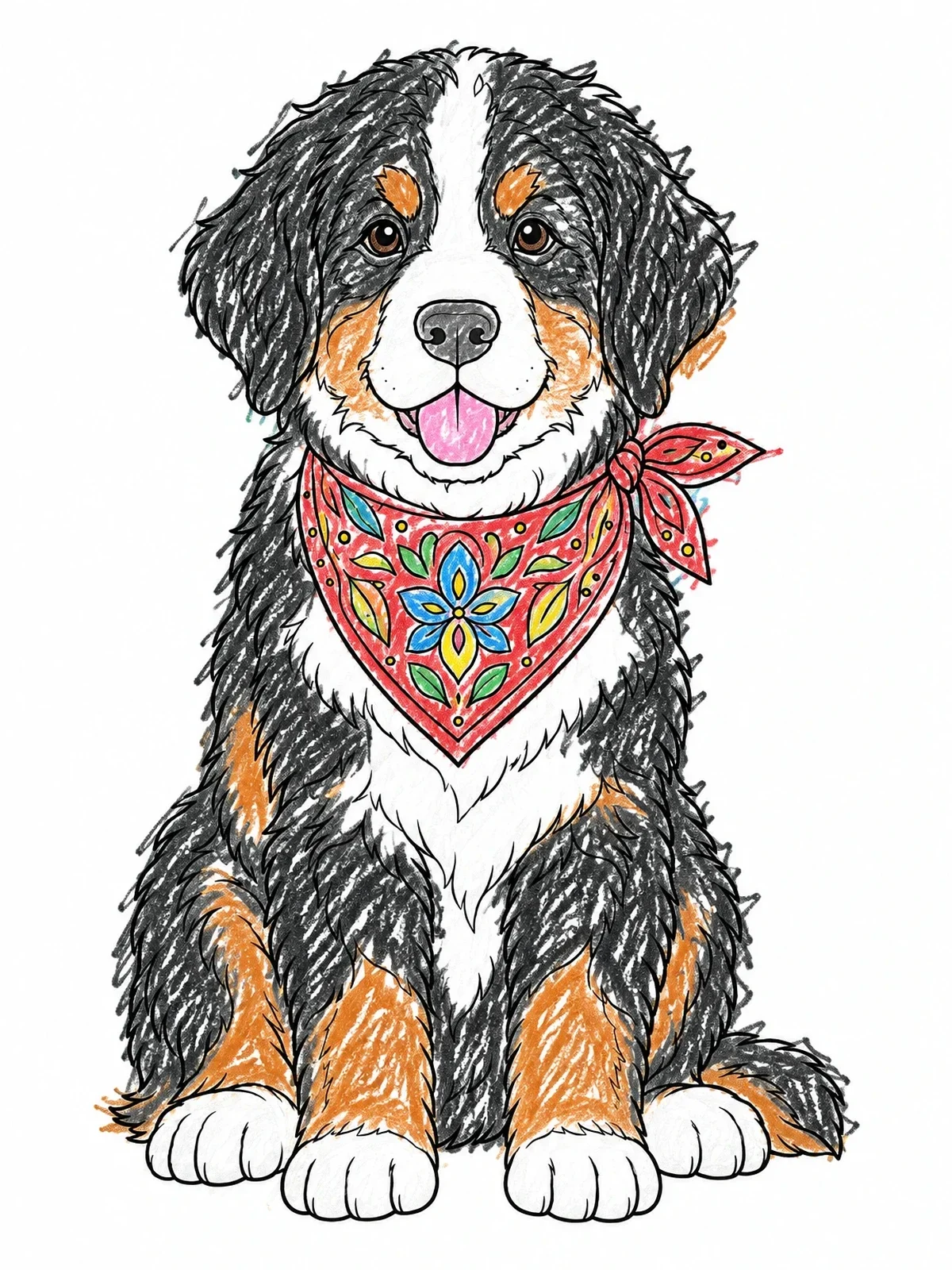 Colored example of the Bernese Mountain Dog Puppy Bandana coloring page
