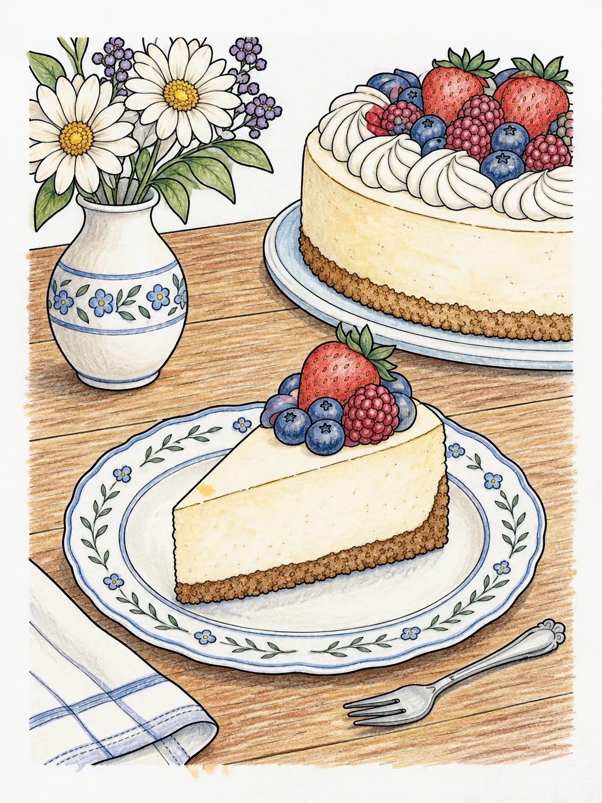 Colored example of the Berry Cheesecake Slice And Flowers coloring page