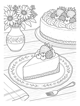 Free printable Berry Cheesecake Slice And Flowers coloring page