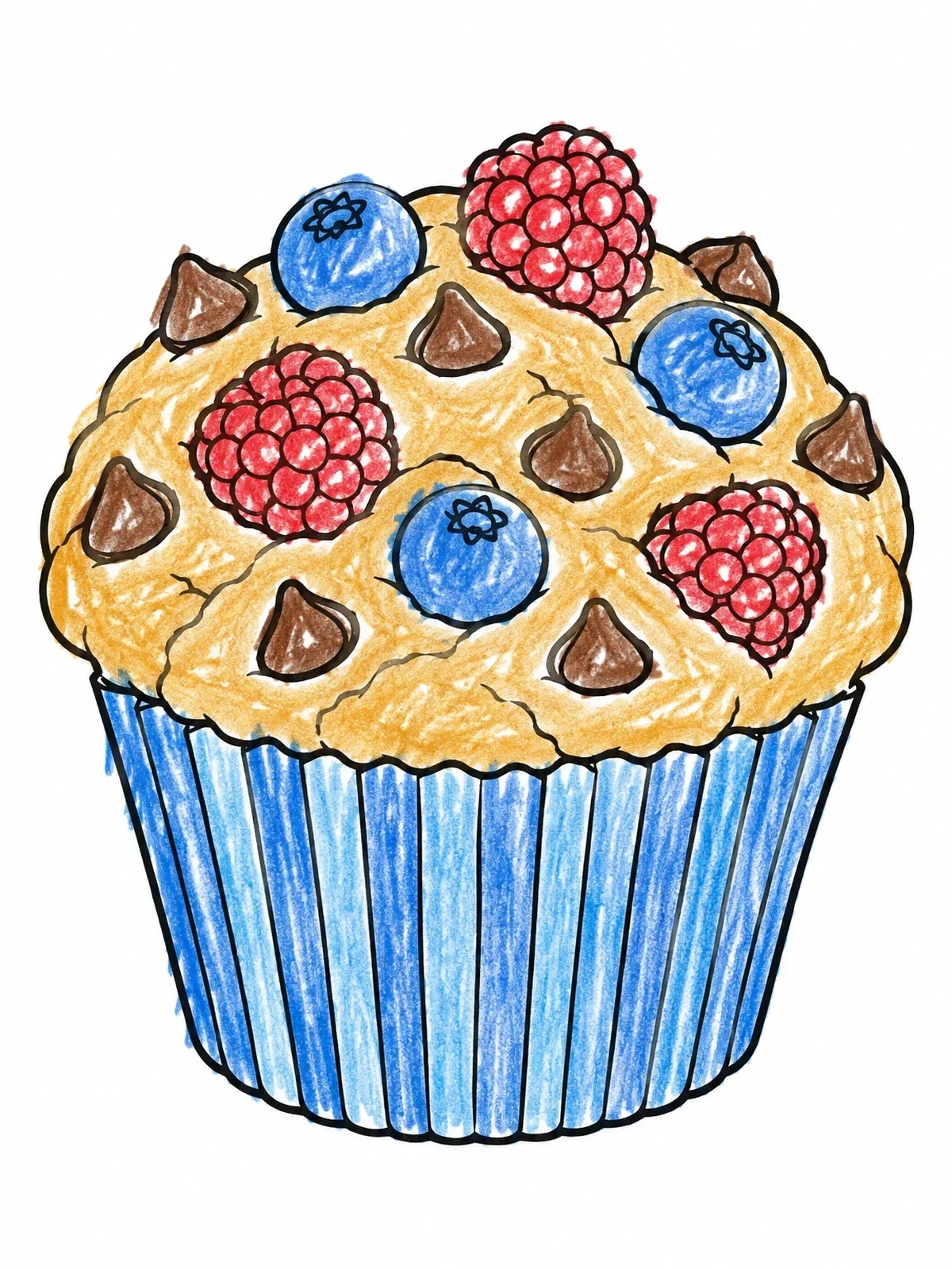 Colored example of the Berry And Chocolate Chip Muffin coloring page